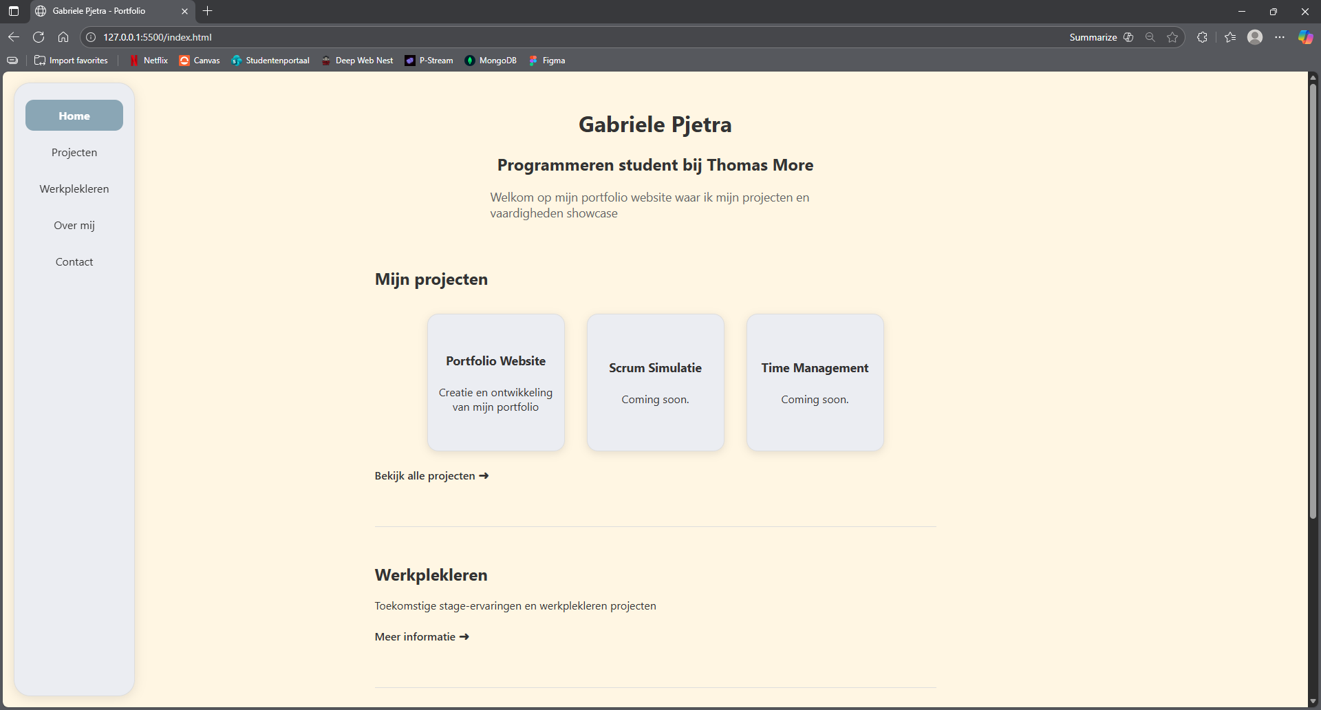 Screenshot van de portfolio website